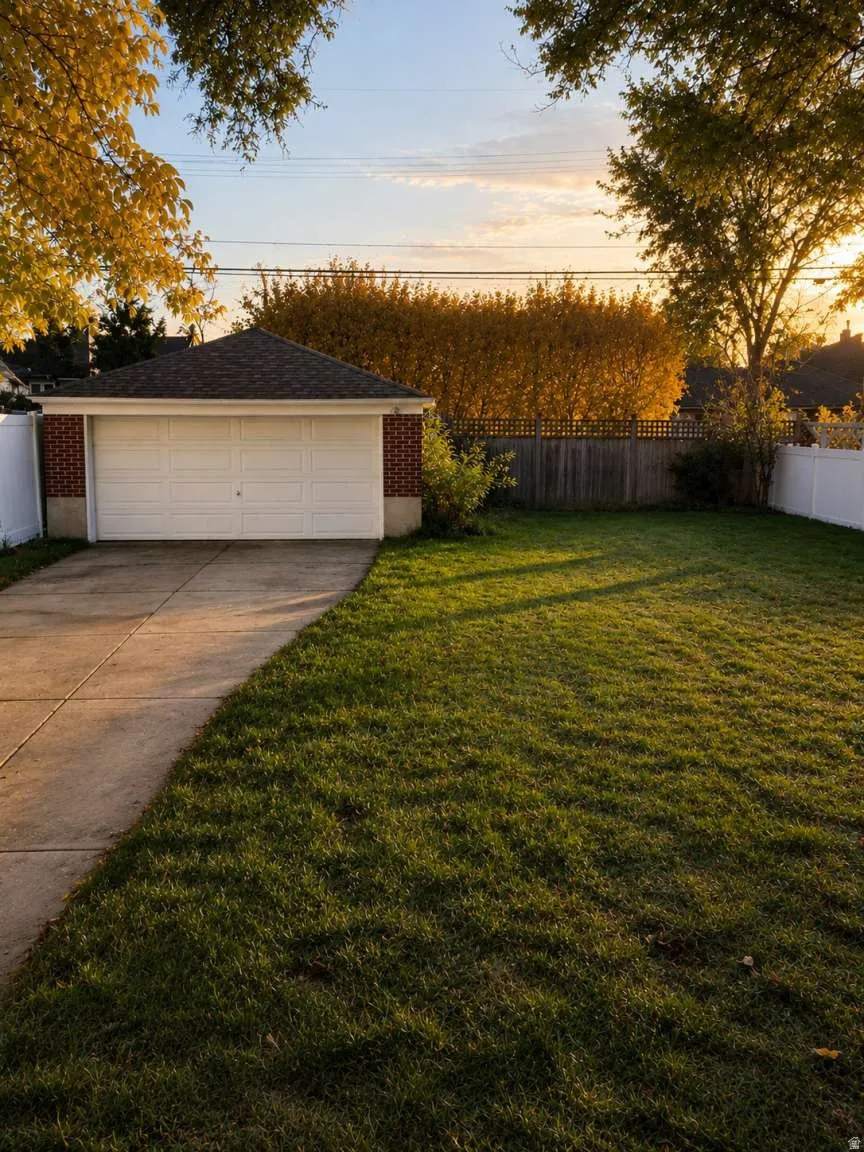 Detached brick garage with an asphalt shingle roof