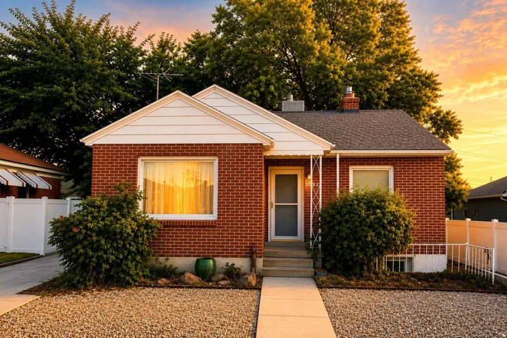 Red brick exterior with white siding accents and a pitched roof