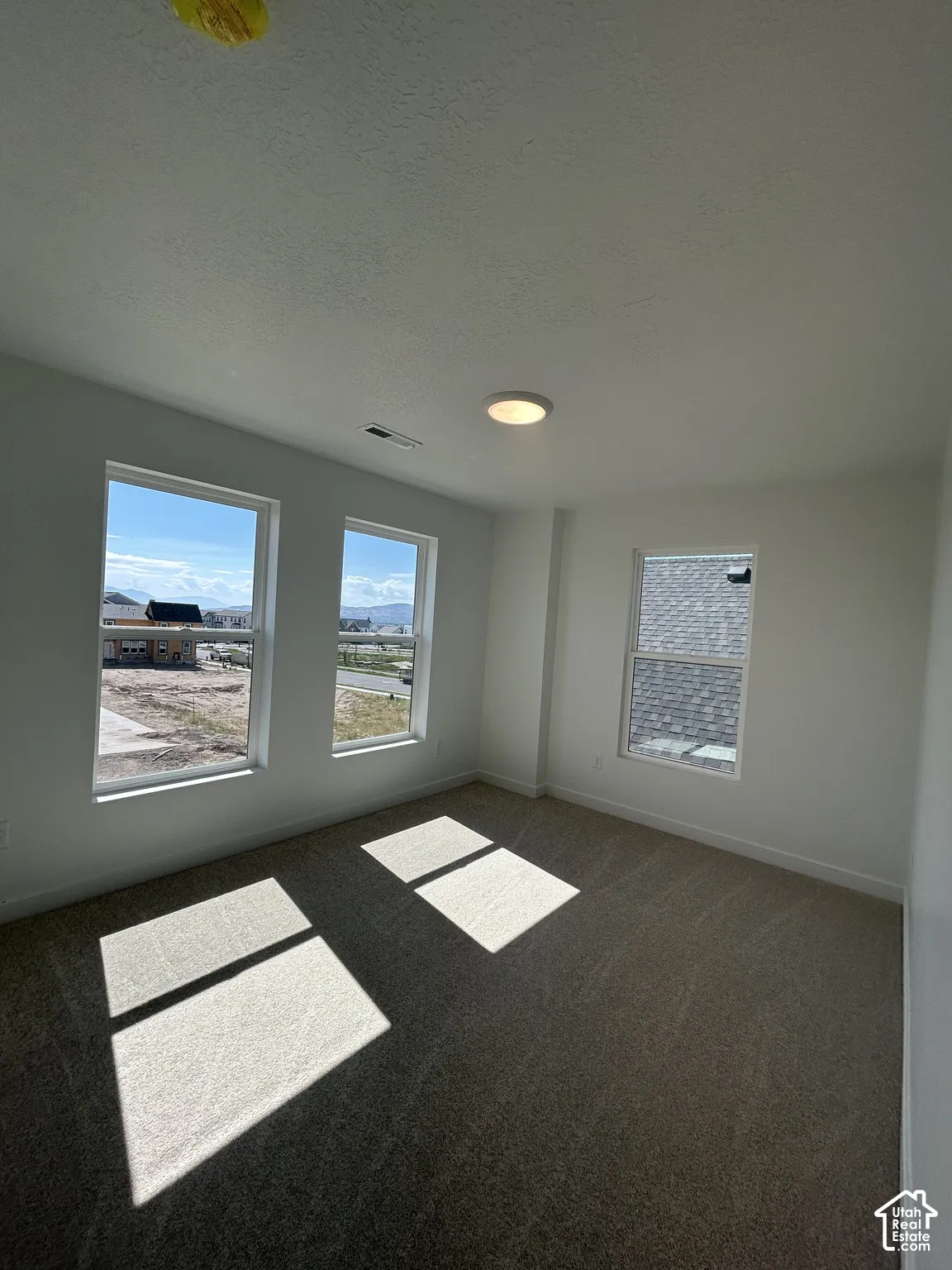 Spacious room featuring three windows, a neutral carpet, white painted walls, and a flush-mount ceiling light