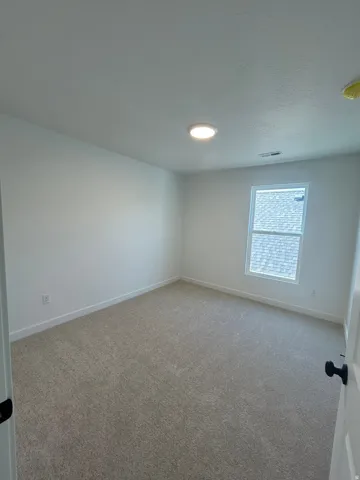 Recessed ceiling lighting illuminates the carpeted flooring
