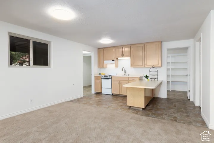Kitchenette with wood-finish cabinetry, white appliances, and a built-in peninsula