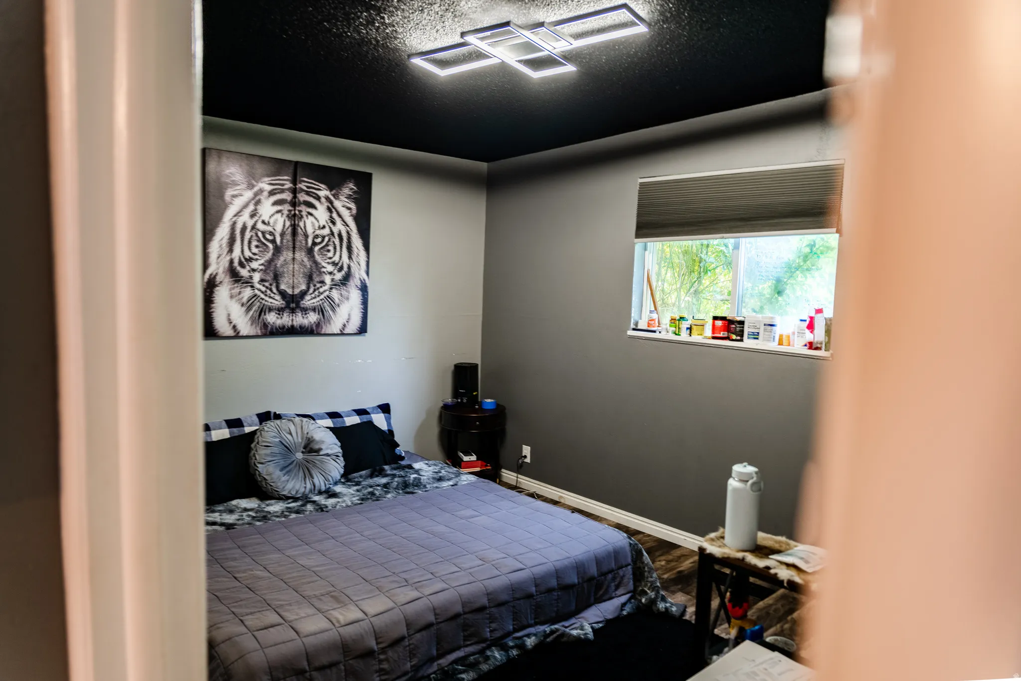 Modern flush-mount ceiling light fixture, window with roller shade, and wood-finish flooring
