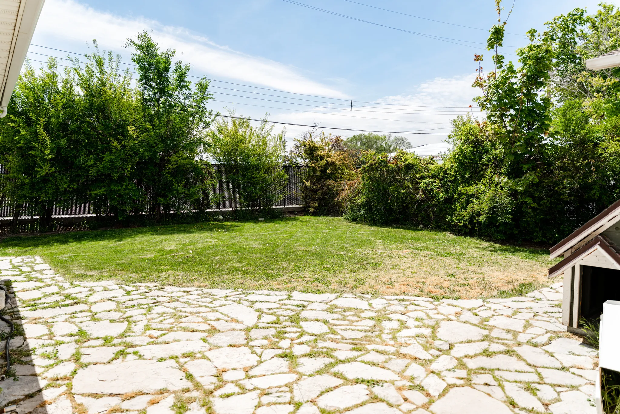 Expansive backyard featuring a natural stone patio, manicured lawn, perimeter fencing, and mature trees