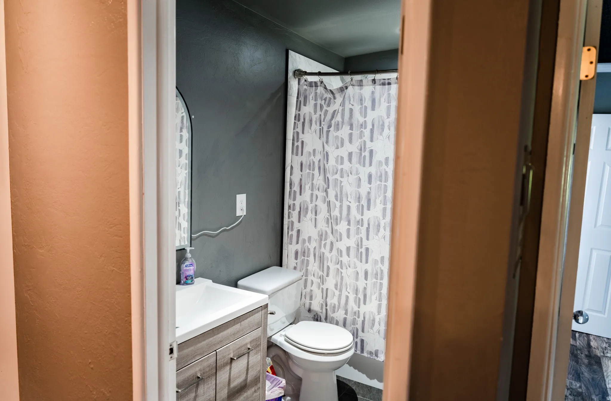 Vanity with integrated sink, wood-finish cabinetry, and an arched mirror