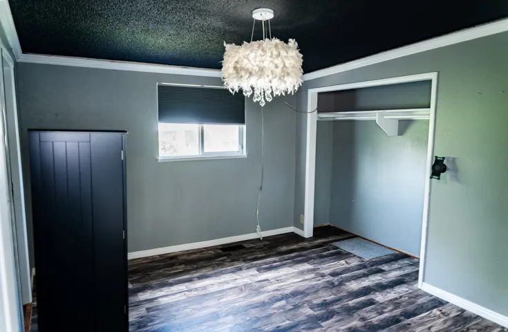 Wood-finish flooring, built-in closet shelving, window with roller shade, overhead chandelier