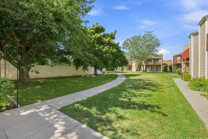Manicured green lawn with mature trees and concrete pathways