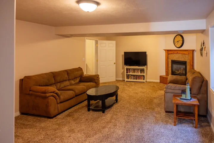 Basement family room with fireplace
