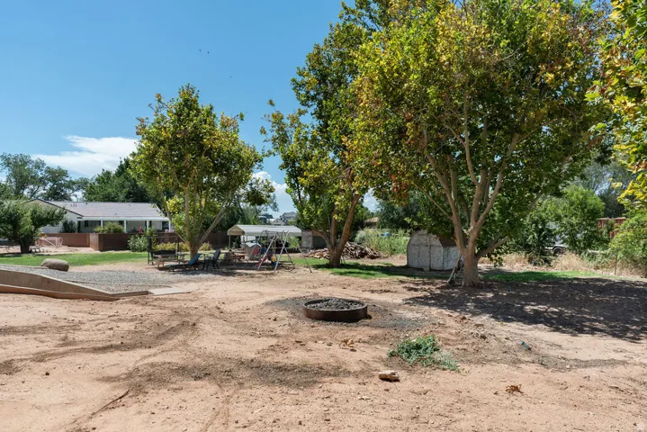 Expansive outdoor space featuring mature trees, a fire pit, and a separate storage structure