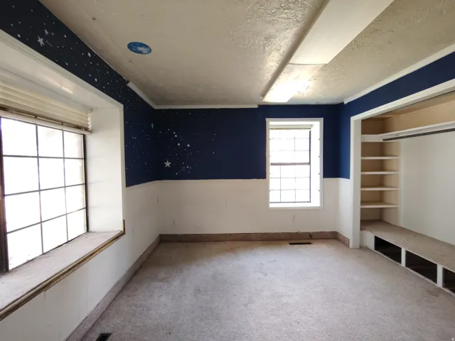 Dual windows with horizontal blinds, built-in shelving, and carpeting