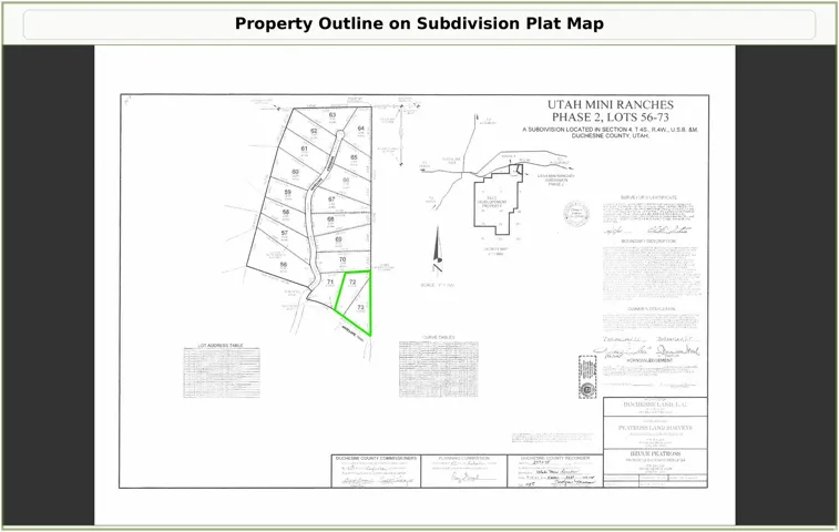 Subdivision Plat Map. Detailing the division of a land parcel into individual lots, including the property outlined in green
