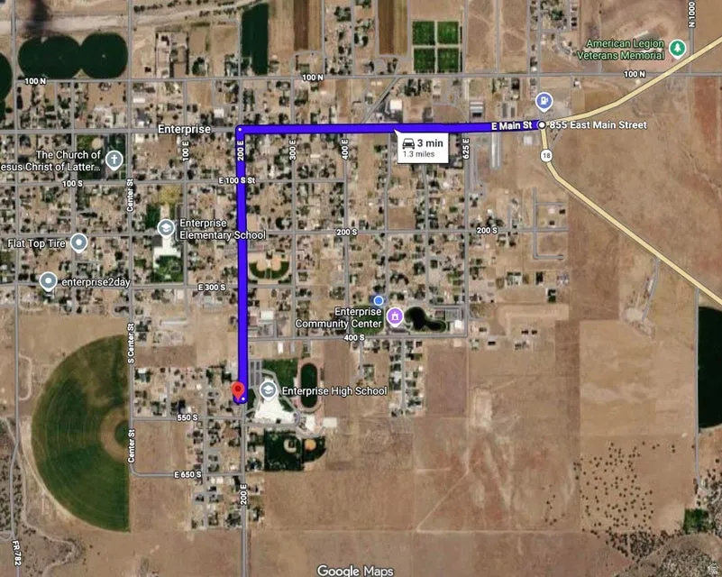 Map. Indicating a route of 1.3 miles and 3 minutes duration within the Enterprise area
