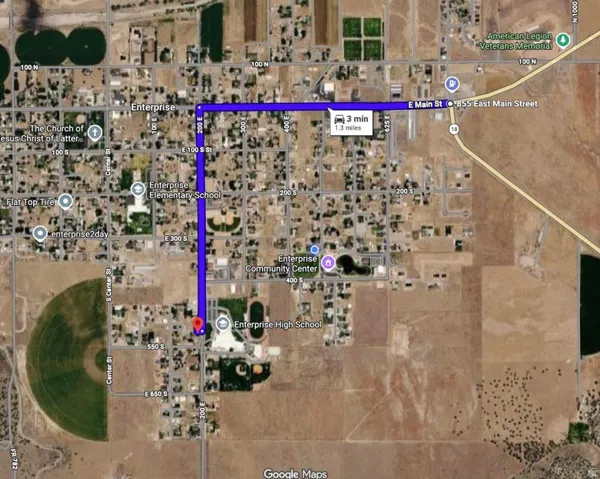 Map. Indicating a route of 1.3 miles and 3 minutes duration within the Enterprise area