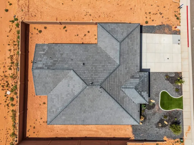Pitched roof with gray shingles