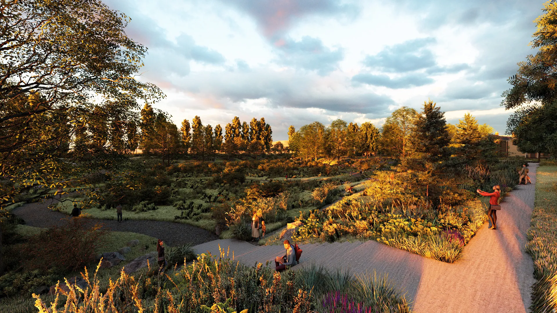 Expansive green space featuring diverse plantings, paved pathways, and mature trees