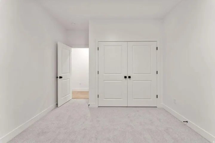 Light gray carpet flooring, white walls, white paneled doors, black door hardware, and recessed lighting