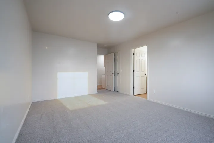 Neutral tone wall paint, light gray carpeting, white trim, white paneled doors, and a flush-mount ceiling light fixture