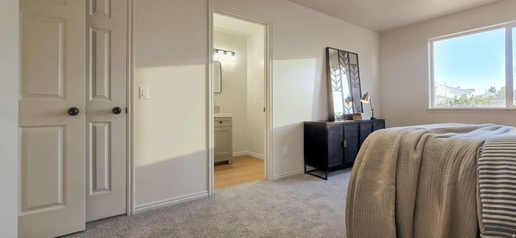 Plush carpet flooring, white painted walls, and a window with a bright outdoor perspective