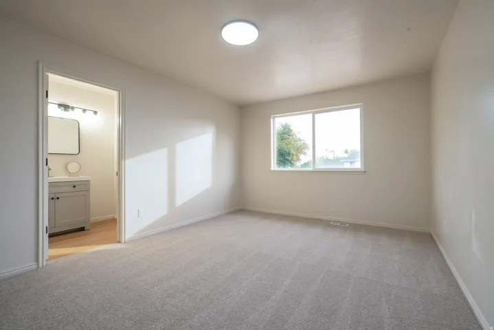 Neutral wall finishes, recessed lighting, expansive window, light-toned carpeting, and an ensuite bathroom featuring a single vanity with storage