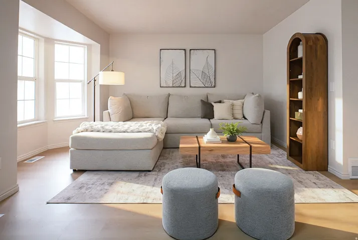 Bay windows, wood-finish flooring, light neutral wall paint, and a built-in shelving unit