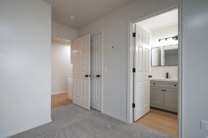 Light-toned wood-finish flooring, soft gray carpeting, white paneled doors, black door hardware, and a bathroom vanity with a basin sink and black faucet
