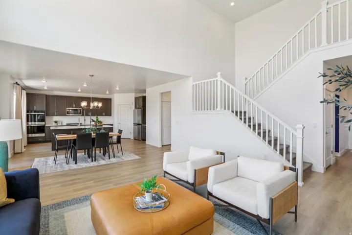 Double-height interior with recessed lighting