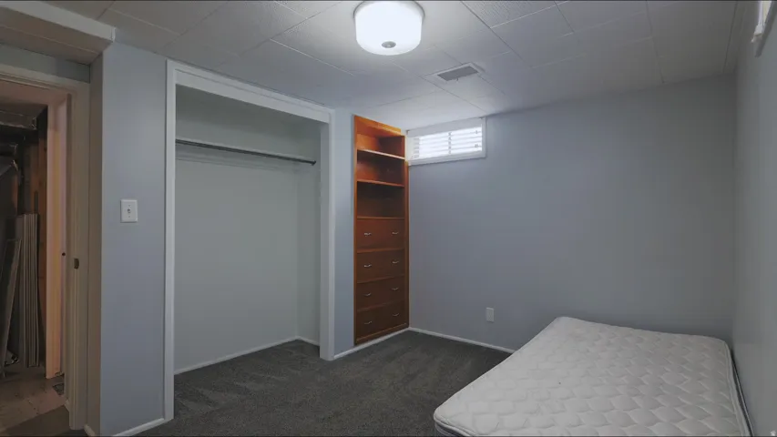 Gray-painted walls, carpeted flooring, built-in shelving with drawers, and a ceiling-mounted light fixture