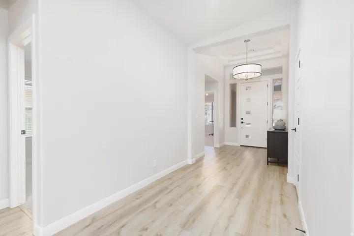 Foyer featuring wood-finish flooring, a contemporary drum pendant light, and a white paneled entry door with sidelights