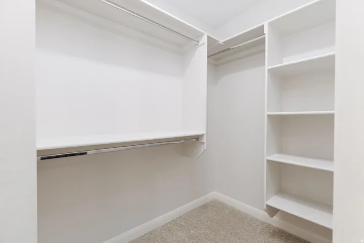 Walk-in closet featuring built-in shelving, multiple hanging rods, and carpet flooring