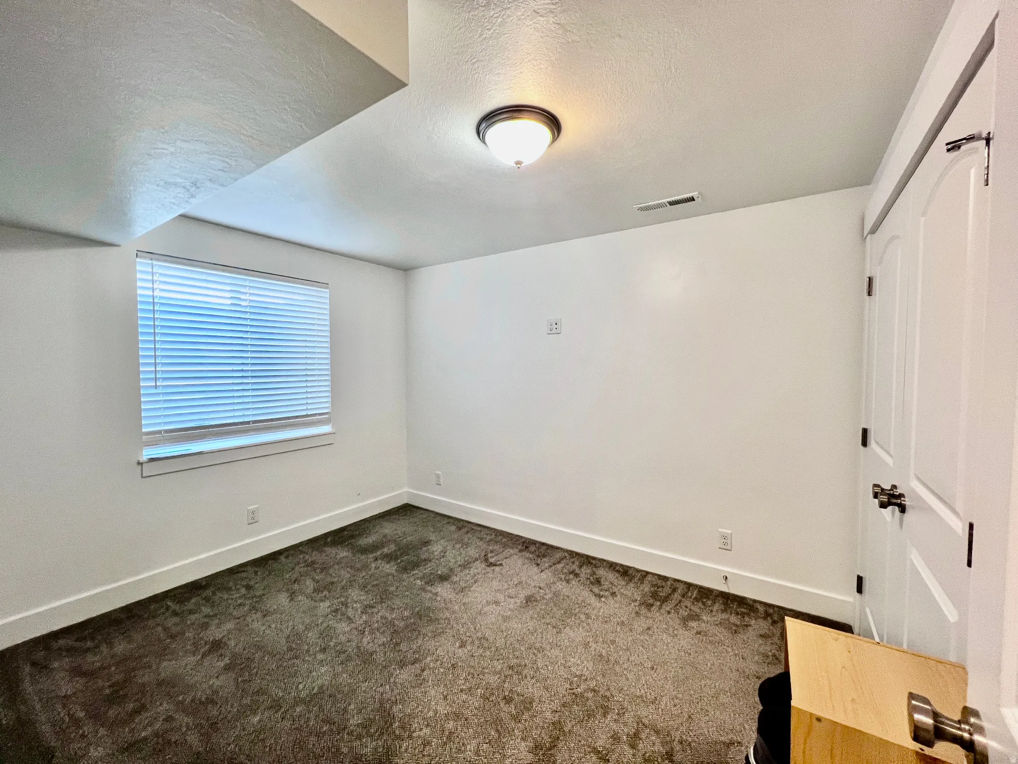 Basement apartment bedroom. Neutral wall paint, textured ceiling, window with blinds, flush-mount ceiling light, and carpet flooring
