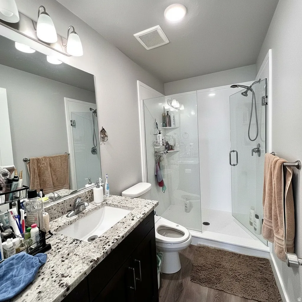 Spacious bathroom featuring a single vanity with stone-finish countertop, dark wood-finish cabinetry, and a glass-enclosed shower with tiled walls