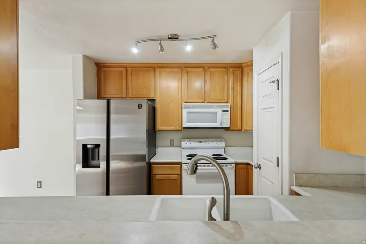 Stainless steel side-by-side refrigerator, white over-the-range microwave, wood-finish cabinetry, track lighting fixture, and a single basin sink with a gooseneck faucet