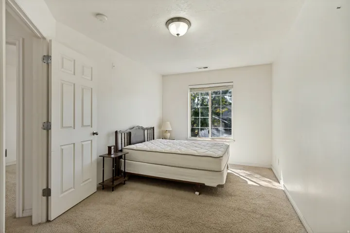 Carpeted flooring, white walls, ceiling-mounted light fixture, single window, paneled door