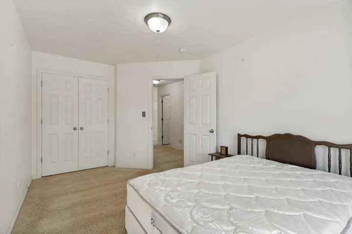 Plush carpet flooring, six-panel bi-fold closet doors, and an overhead flush-mount light fixture