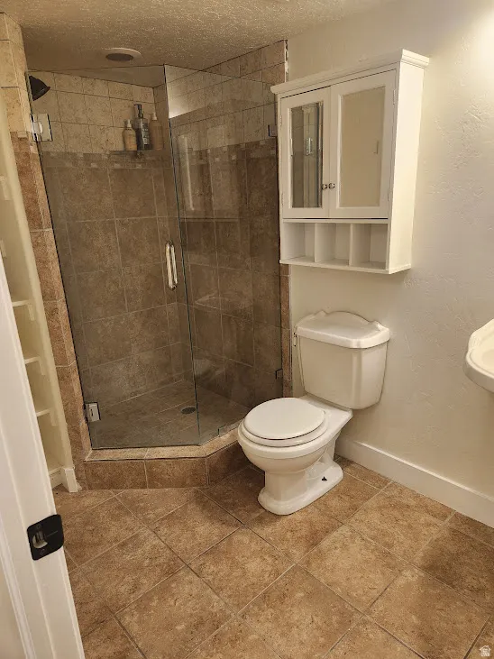 Glass-enclosed shower with tile surround and integrated shelving, complemented by a wall-mounted medicine cabinet with mirror doors