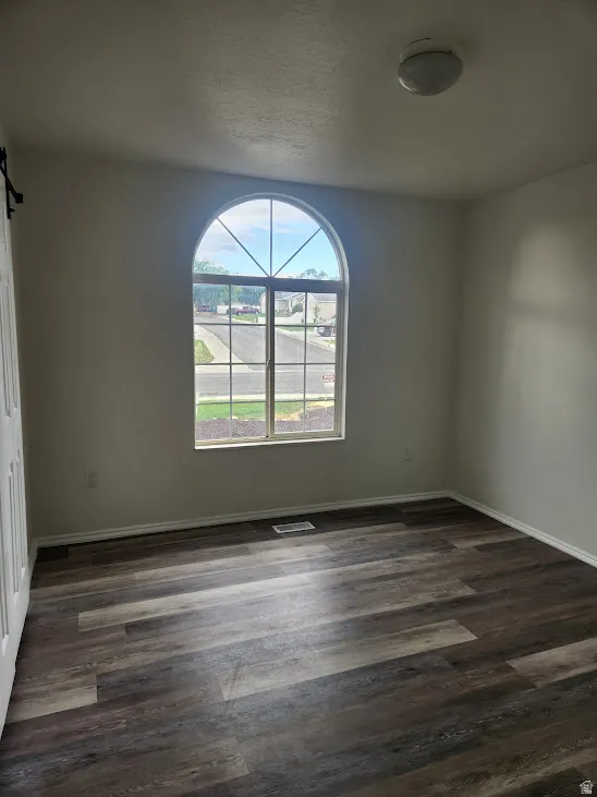 Arched window, wood-finish flooring, white walls, and a ceiling-mounted light fixture