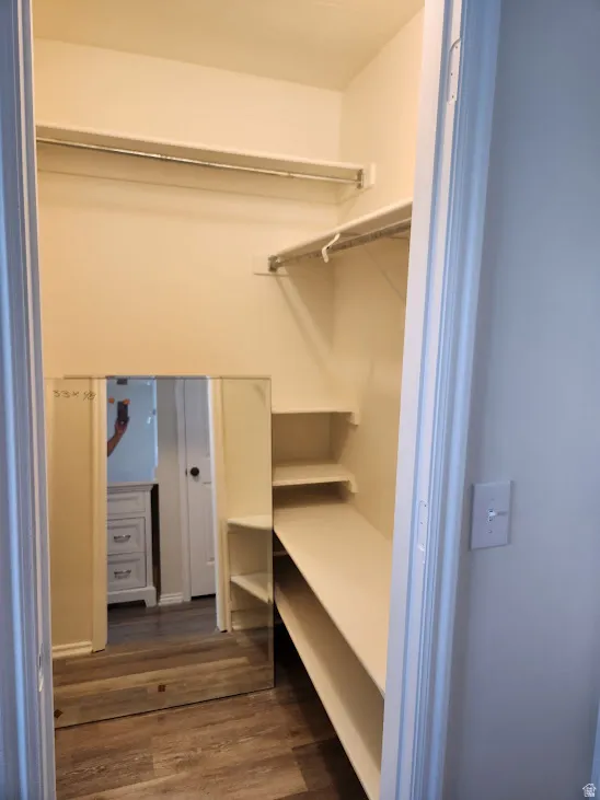 Walk-in closet with multiple shelving units, integrated hanging rods, full-length mirror, and wood-finish flooring