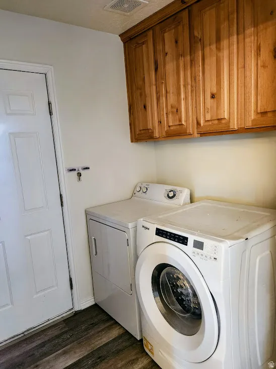 Built-in wood cabinetry with shaker-style doors, wood-finish flooring, and a white paneled door