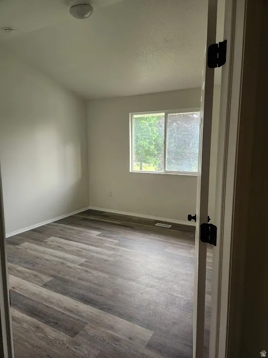 Laminate wood-finish flooring, white walls, and a ceiling-mounted light fixture