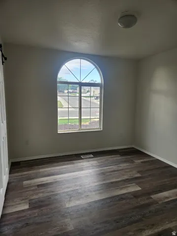Arched window, wood-finish flooring, white walls, and a ceiling-mounted light fixture