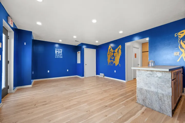 Recessed ceiling lighting, wood-finish flooring, and a stone-clad bar with a countertop