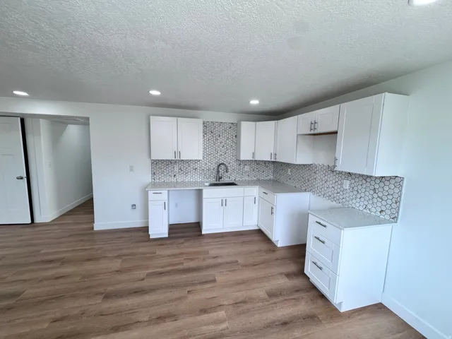 White cabinetry, wood-finish flooring, recessed lighting, hexagon tile backsplash, and a stainless steel sink