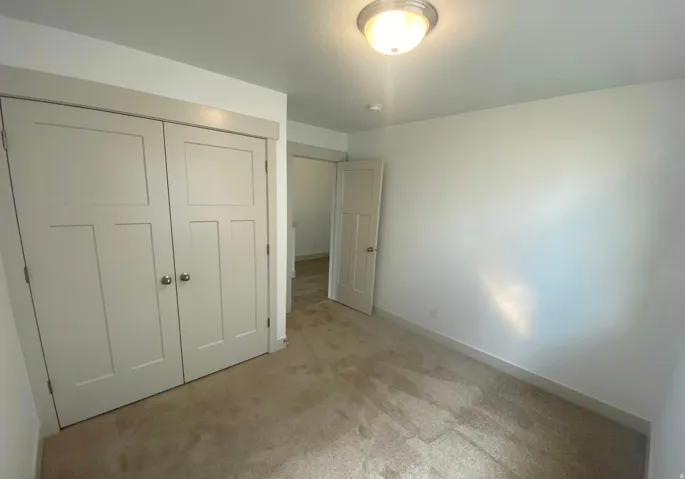 Neutral wall color, wall-to-wall carpeting, paneled closet doors with round hardware, and a ceiling-mounted light fixture
