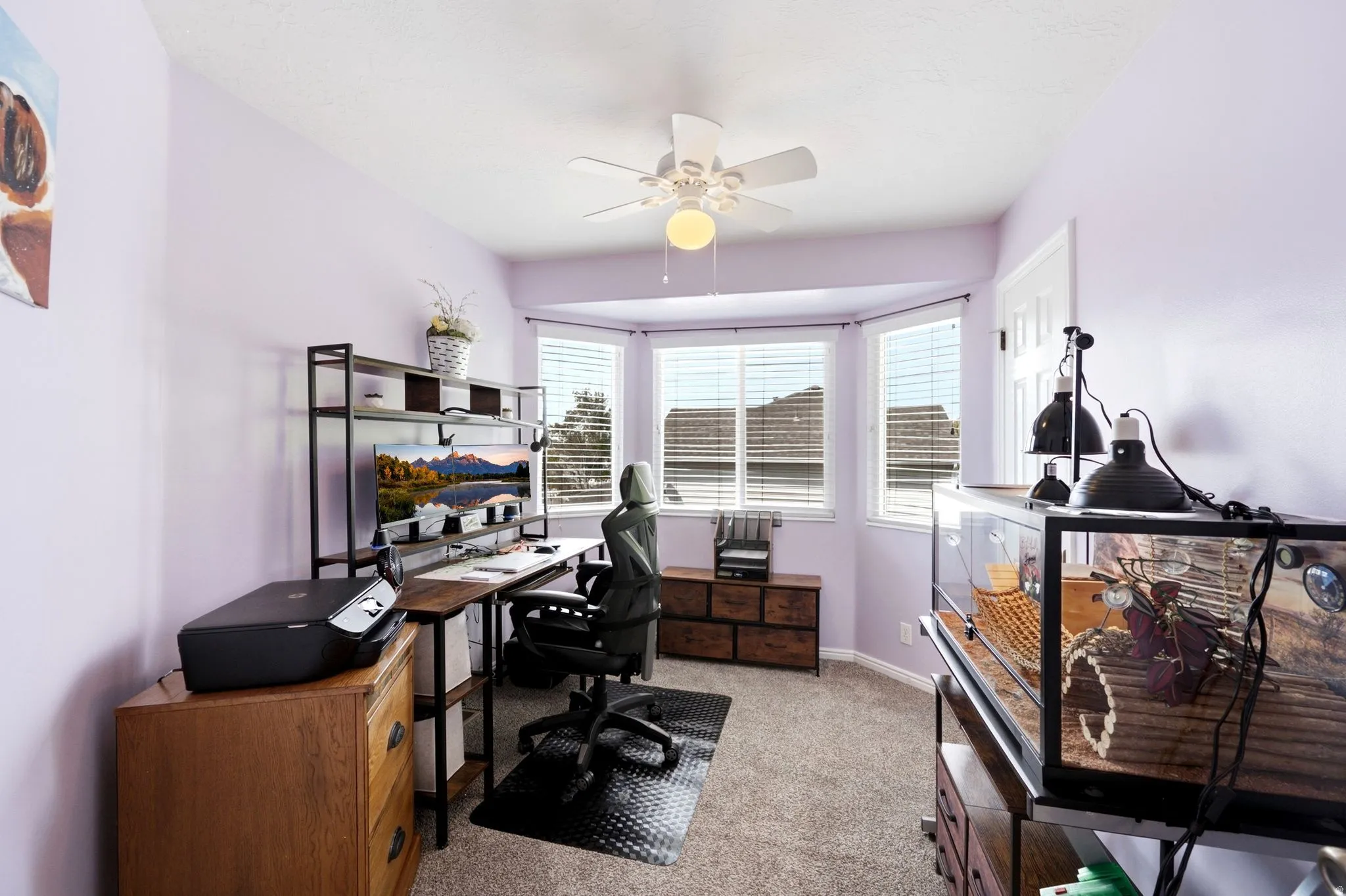 Bay window with multiple panels, ceiling fan with integrated lighting, and neutral-toned carpeting