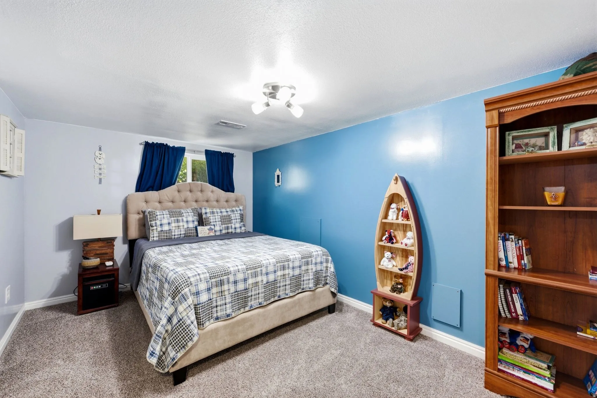 Carpeted flooring, window with curtains, ceiling-mounted light fixture, and a built-in wooden bookshelf