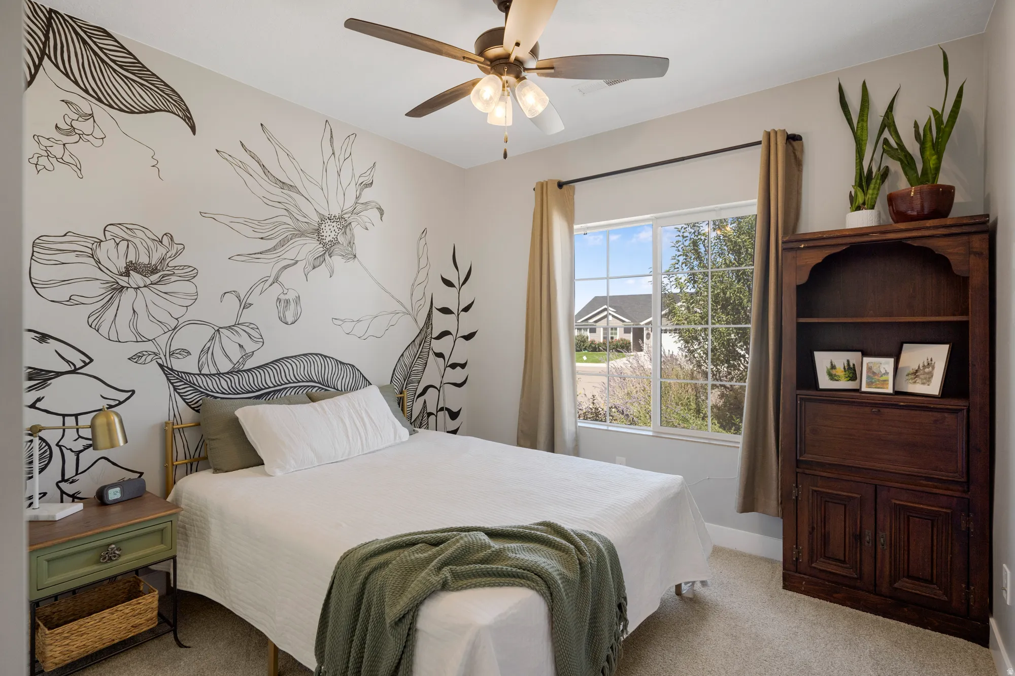 Accent wall with artistic botanical illustration