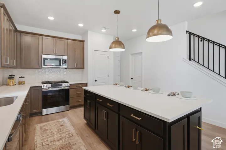 Gourmet kitchen featuring a large central island with seating, stainless steel appliances, wood-finish flooring, and shaker-style cabinetry