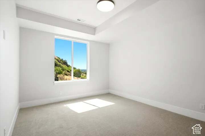 Recessed ceiling with an integrated light fixture, neutral carpet, and a large window showcasing a mountainous backdrop