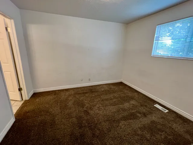 Wall-to-wall brown carpeting with light-colored walls and a window with blinds