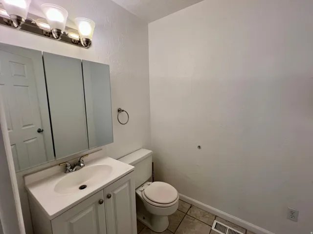 Vanity with an integrated sink, tri-fold medicine cabinet, and overhead lighting