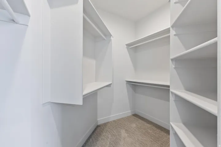 Walk-in closet featuring built-in shelving, hanging rods, and light-toned carpeting